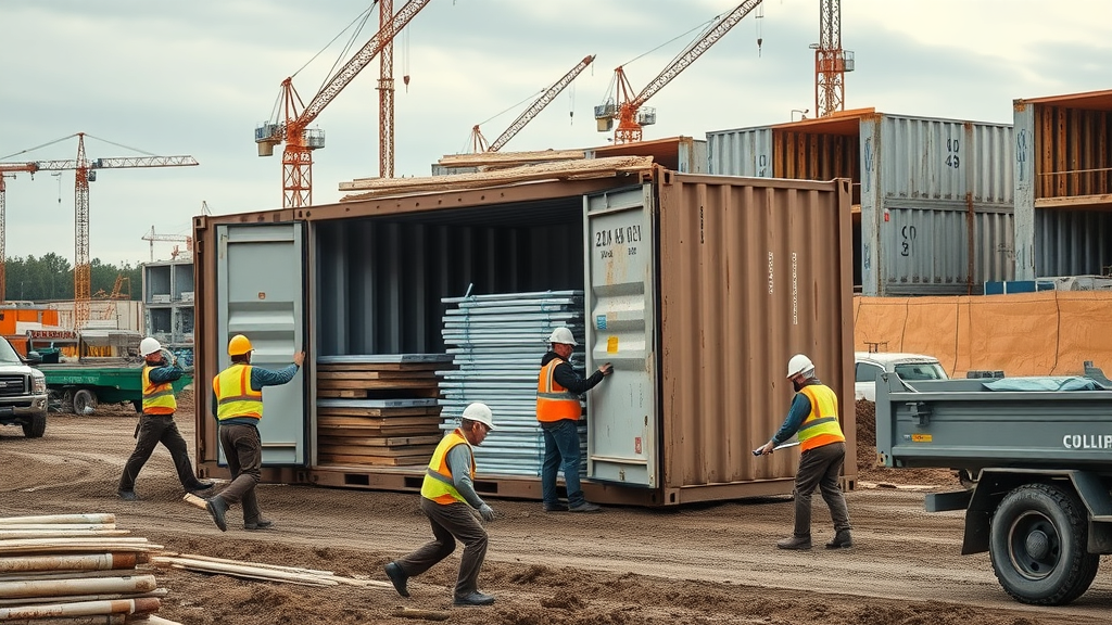 shipping container on Louisiana construction site, workers accessing building materials, cranes, muddy site, action shot, architectural lens