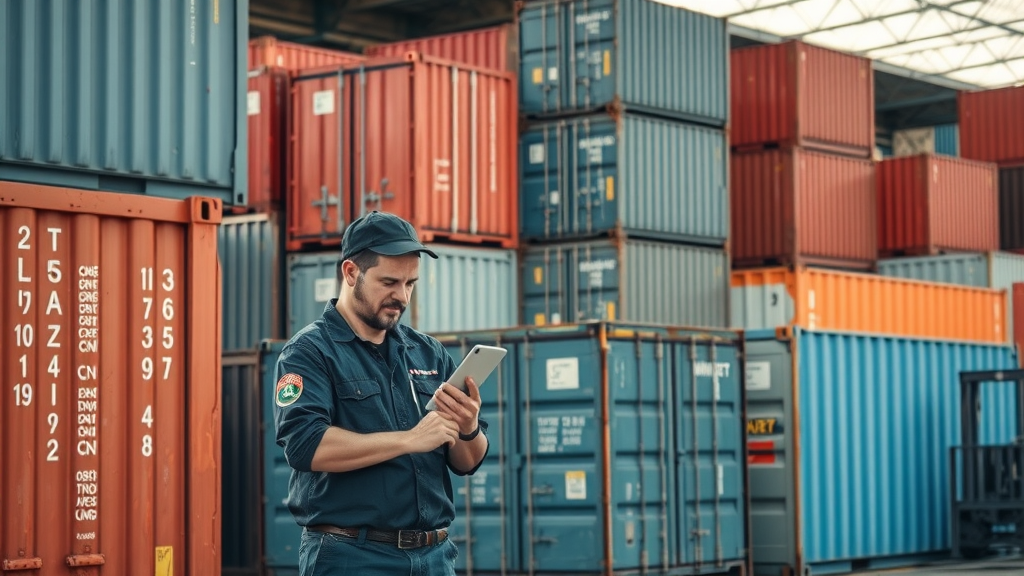 diverse shipping containers, varying in size and color, being inspected by a warehouse professional on a Louisiana lot, moving forklift, afternoon sun