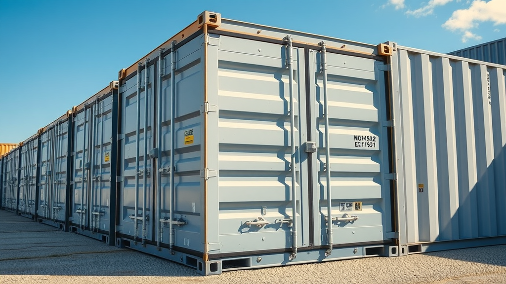 modern shipping containers in a Louisiana commercial yard; steel containers with security locks, clean exteriors, dynamic sunlight, wide-angle lens, crisp blues and grays