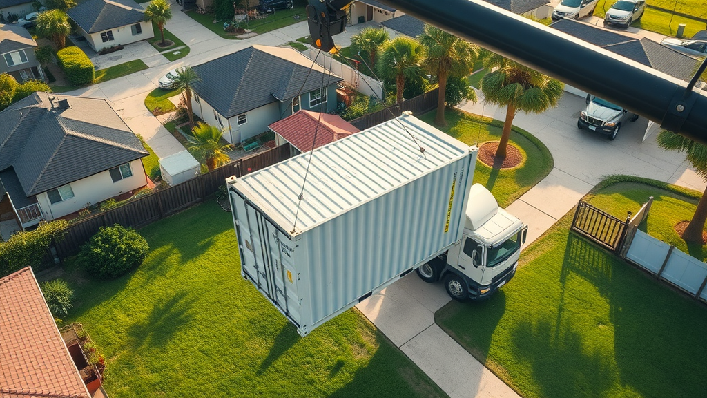 Aerial view of shipping container being carefully placed in Louisiana backyard, crane truck in action, residential neighborhood, green lawns, tall trees, dynamic perspective, morning light