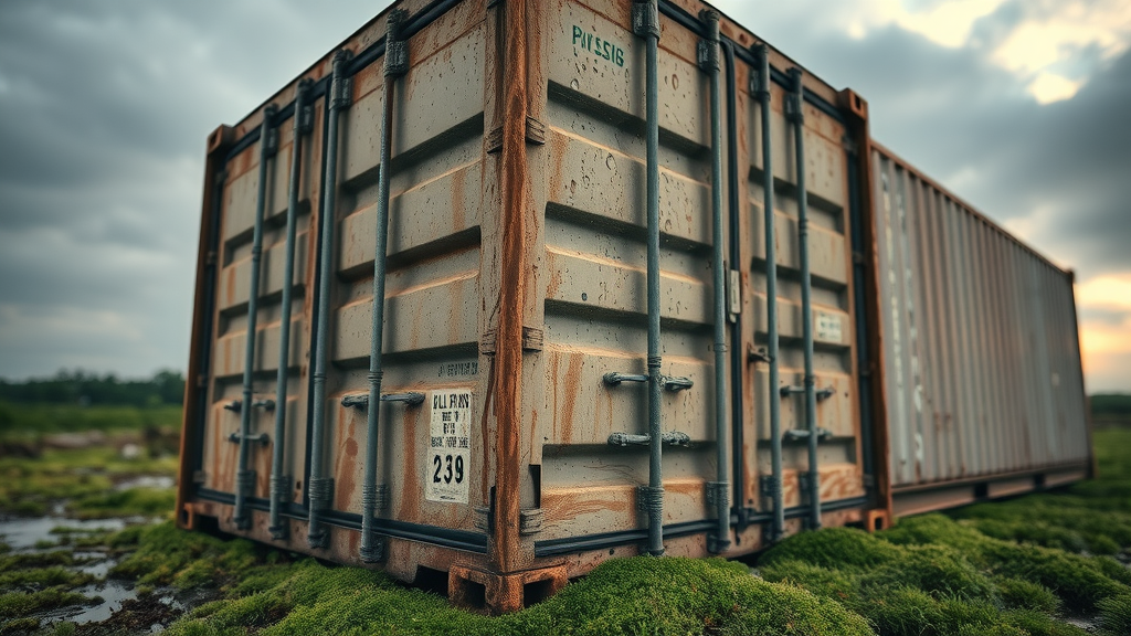 Close-up of a weathered shipping container exposed to Louisiana rain and humidity, detailed surface textures, mossy ground, faded paint