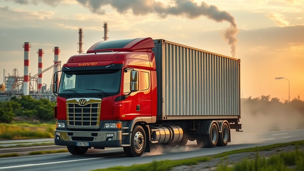 Modern container moving truck loading a shipping container, industrial Louisiana landscape with refinery, moving dust, and golden sunlight, illustrating efficient container transport in Louisiana