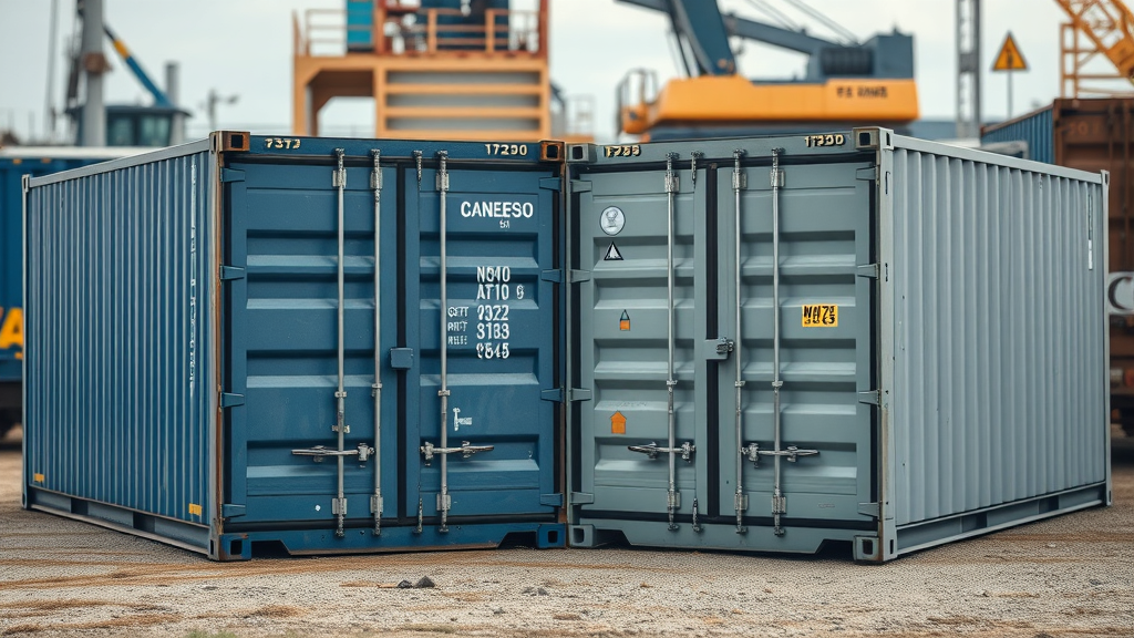 Side-by-side comparison of a storage container and shipping container on a Louisiana construction site with cranes and equipment, illustrating the difference for container shipping services Louisiana