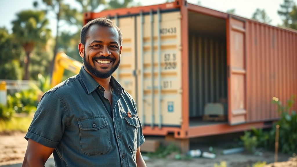 Louisiana business owner beside a shipping container being unloaded on-site, confident expression, construction site backdrop, lush southern vegetation, highly detailed