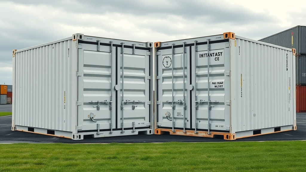 Comparison of new and used shipping containers louisiana products, side-by-side, one pristine, one weathered, placed on green grass outside a warehouse, cloudy sky