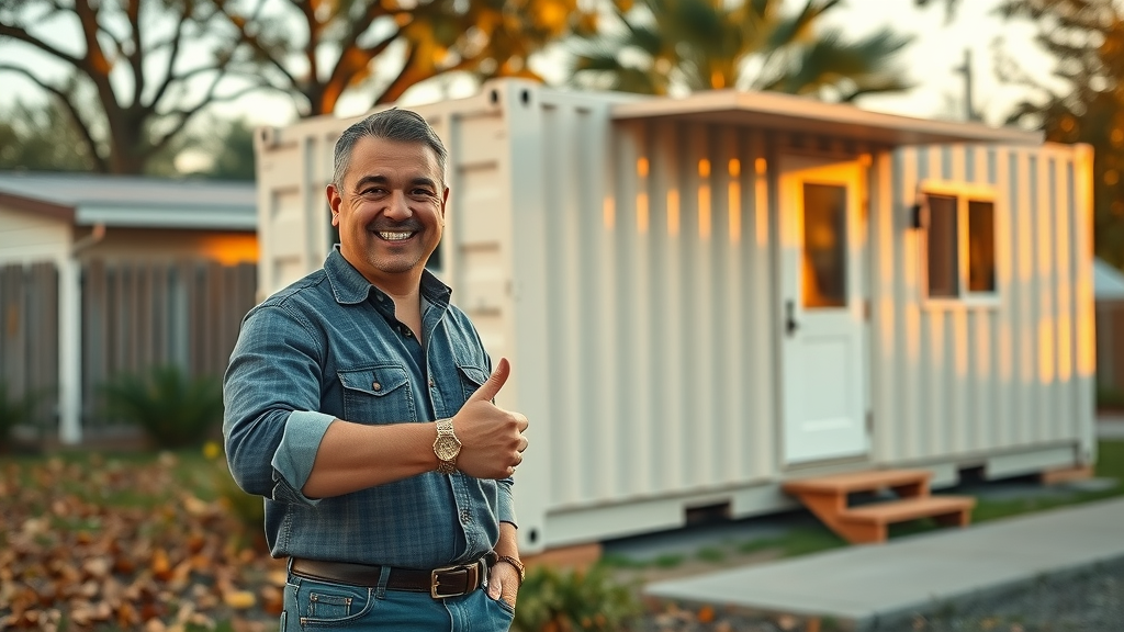 happy Louisiana business owner by their newly delivered office container, smiling, thumbs up, business front, golden hour, portrait