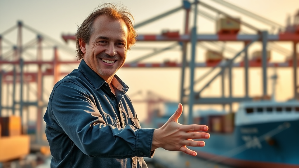 Satisfied business owner shaking hands with container shipping provider at the port of New Orleans, container transport, sunset, and ships in the background, symbolizing secure and affordable container shipping services Louisiana