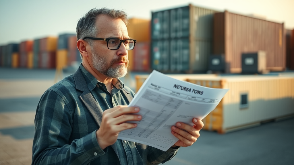person comparing two shipping containers, clipboard with cost breakdowns, open yard, office trailer, afternoon light, 50mm lens