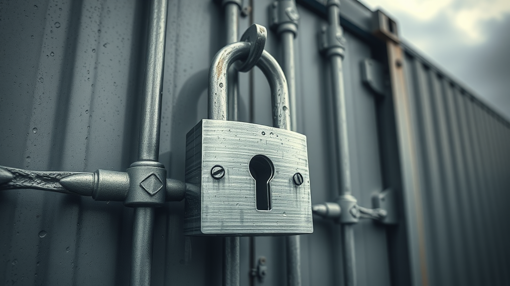 secure shipping container, reinforced lock, steel doors, padlock, Louisiana industrial setting, rain droplets, overcast macro shot