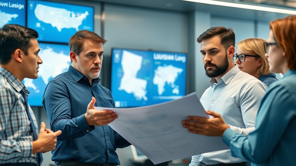 Professional team meeting to plan container moving logistics in Louisiana, office with port of New Orleans map, focused expressions and blue color palette, container shipping services Louisiana planning