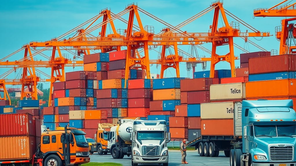 Bustling Louisiana cargo port with containers stacked high, busy workers and cranes servicing container shipping services Louisiana, Mississippi River, trucks and natural daylight