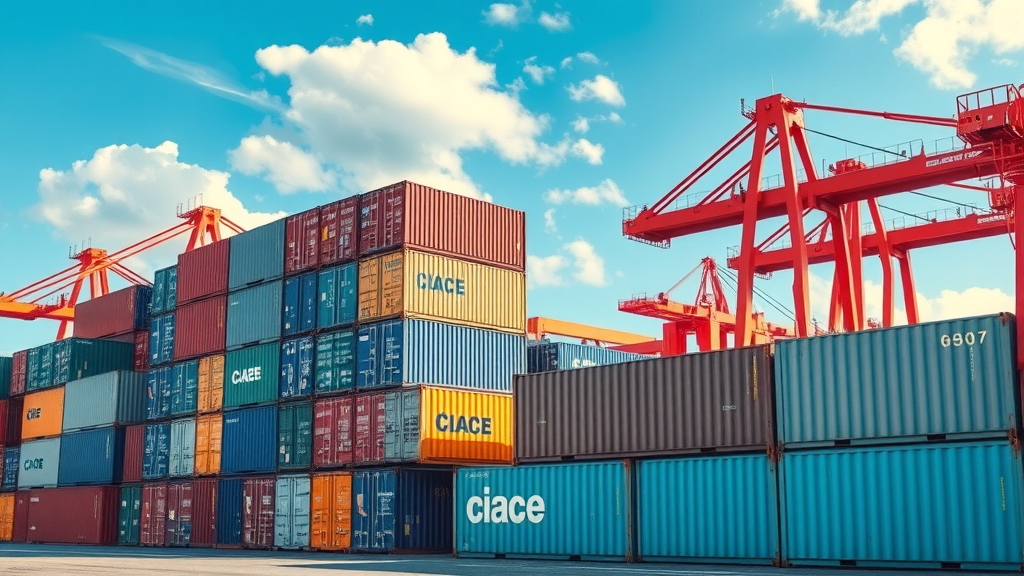 Modern shipping container louisiana options neatly stacked in a vibrant Louisiana shipping yard, containers arranged methodically under a blue sky, industrial port with cranes, highly detailed