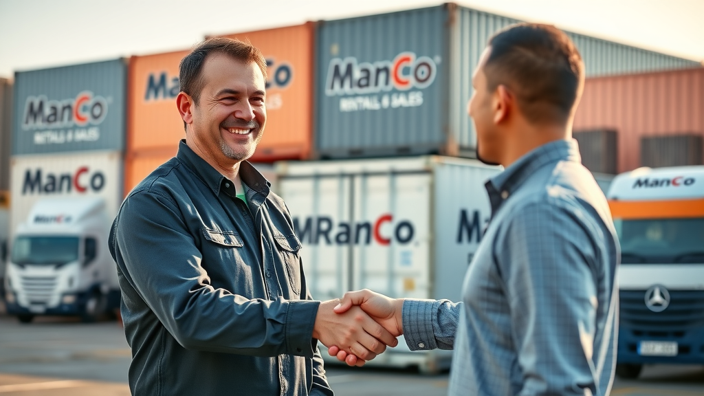 ManCo Rentals & Sales representative shaking hands with a satisfied customer at a Louisiana container yard.