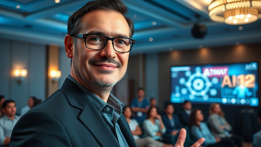 AI presenter at NPSA business seminar Seattle 2025 demonstrates latest technology.