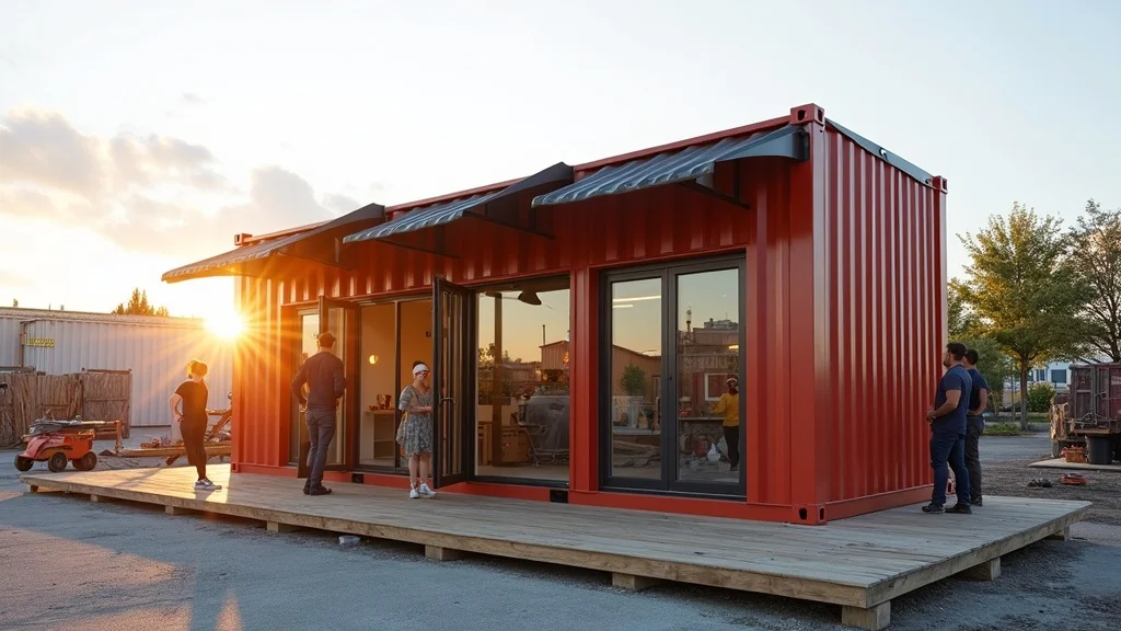 Photorealistic image of an innovative shipping container conversion with modern windows, side doors, and awnings in urban environment. custom shipping container options, open side, side shipping containers