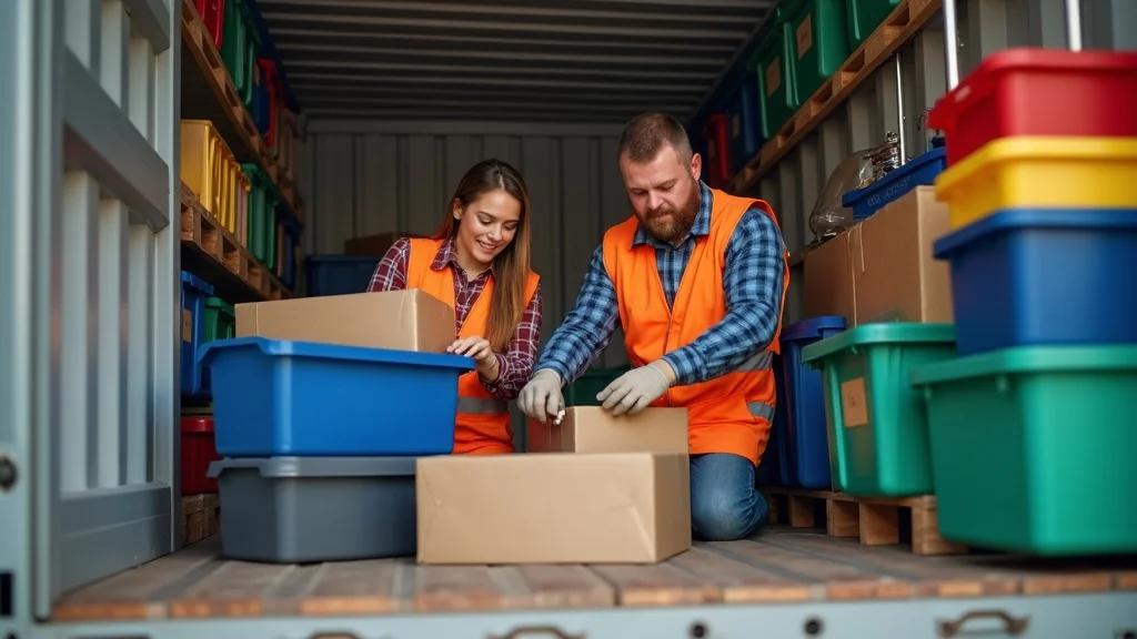 Well-organized shipping container for business workflow—two workers arranging color-coded bins and labels, barcode scanner in hand.