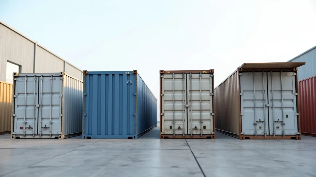 Comparison of different shipping containers—standard, high cube, reefer, open-top, displayed in a modern industrial yard.