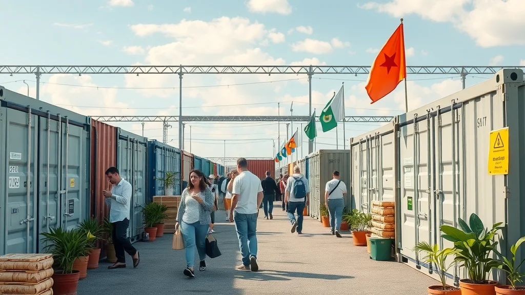 Eco-friendly shipping containers marketplace with buyers and vendors reviewing containers for sale