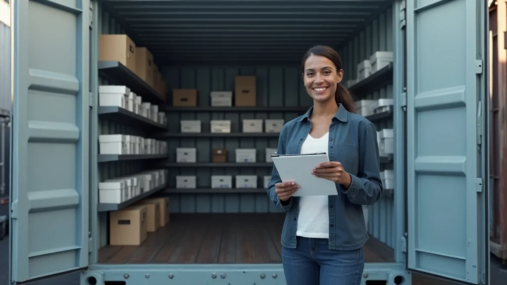 Modern organized shipping container interior—person with clipboard in front of neatly organized container with labeled shelves and bins, featuring natural daylight and textured realism.