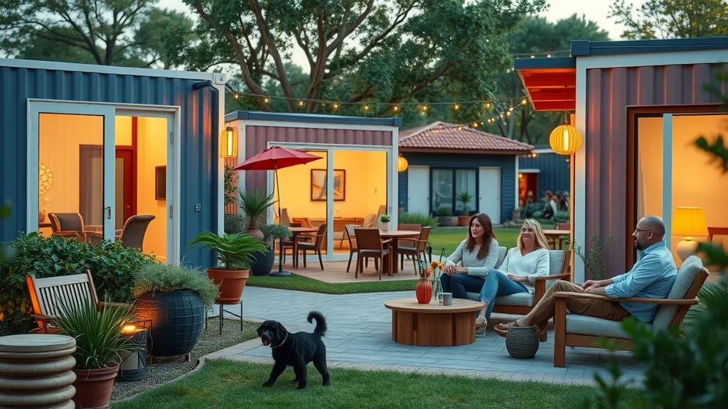 Community of residents enjoying life in modern, sustainable container homes