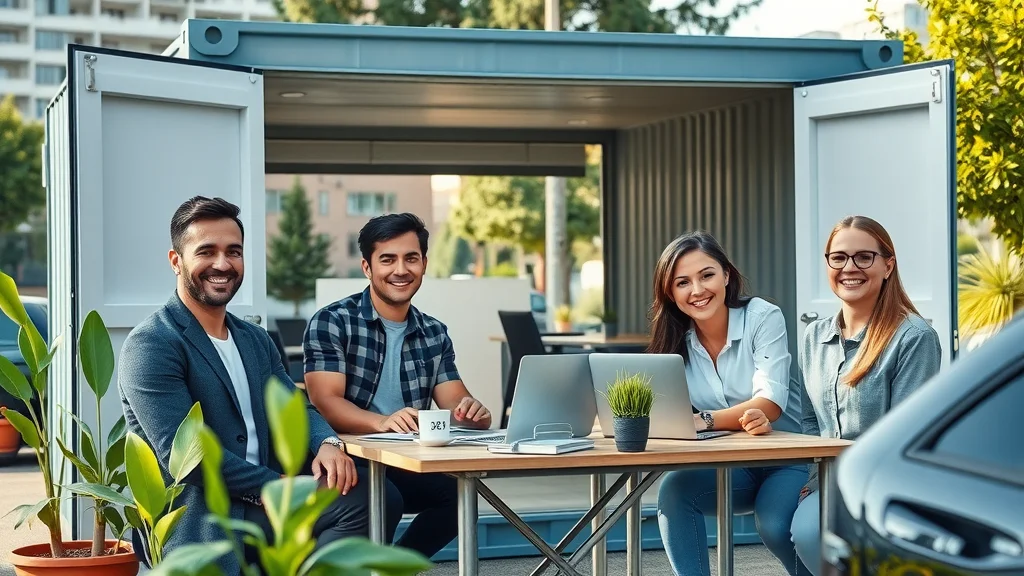 Satisfied business owners using shipping container offices in urban office park