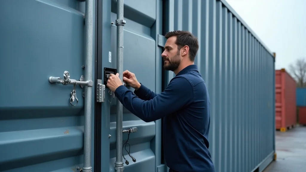 Secured modern shipping container with climate solutions—professional installing advanced lock and checking vent with visible humidity control elements.