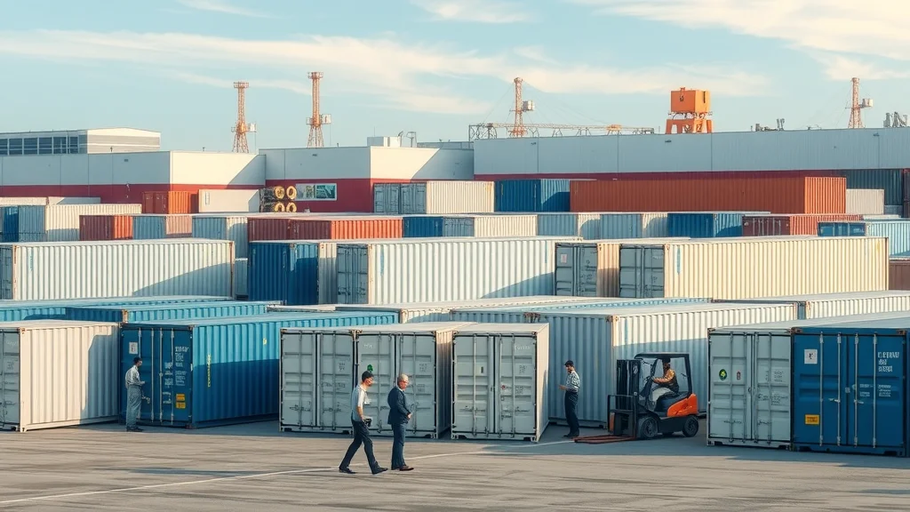 shipping container rental options at modern container yard with new and used containers of various sizes and workers inspecting units for rent or buy