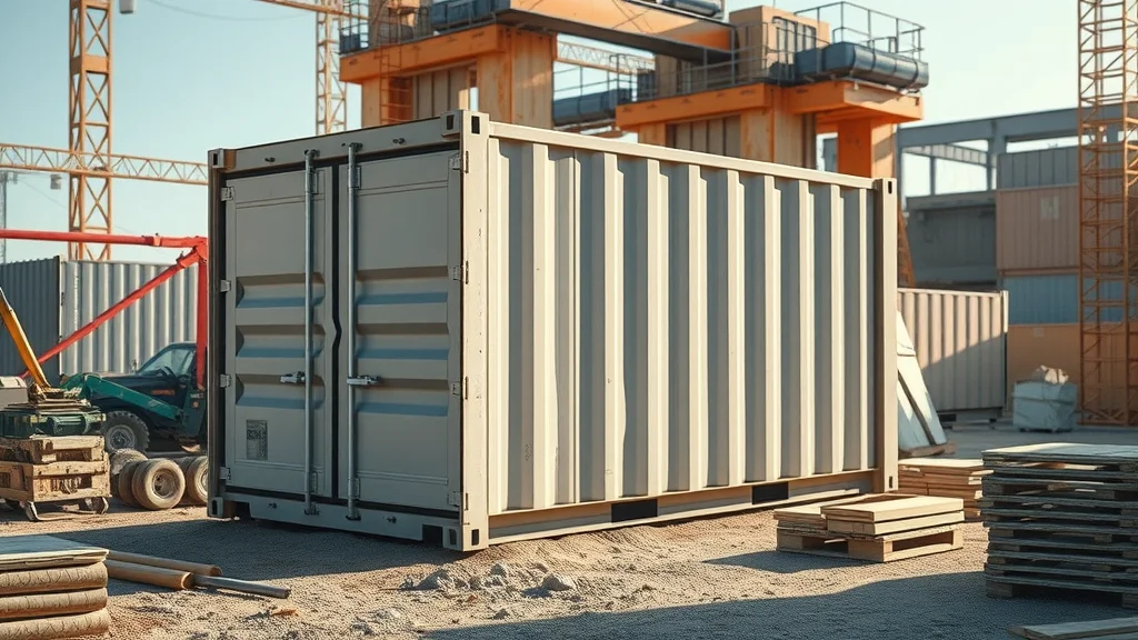 shipping container rent used for site storage at active construction site with materials and tools