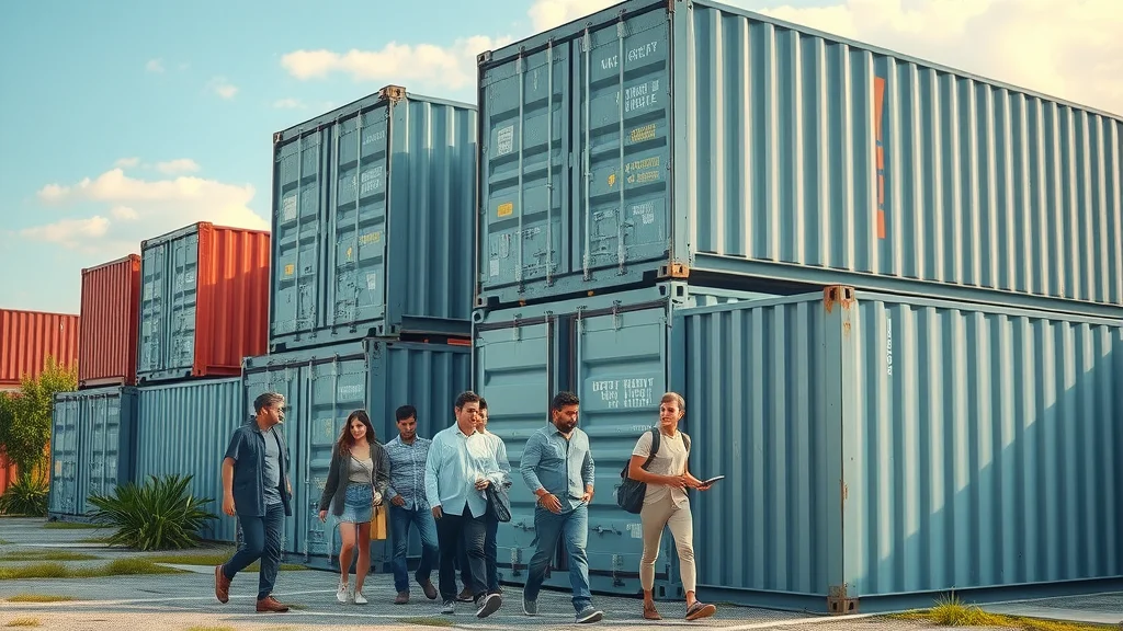Eco-friendly shipping containers in a modern industrial yard with greenery and diverse people - shipping containers