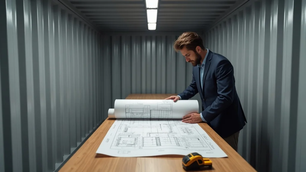 Workspace planning inside a shipping container—person unrolling blueprints and measuring, showcasing efficient planning in a clean modular space.