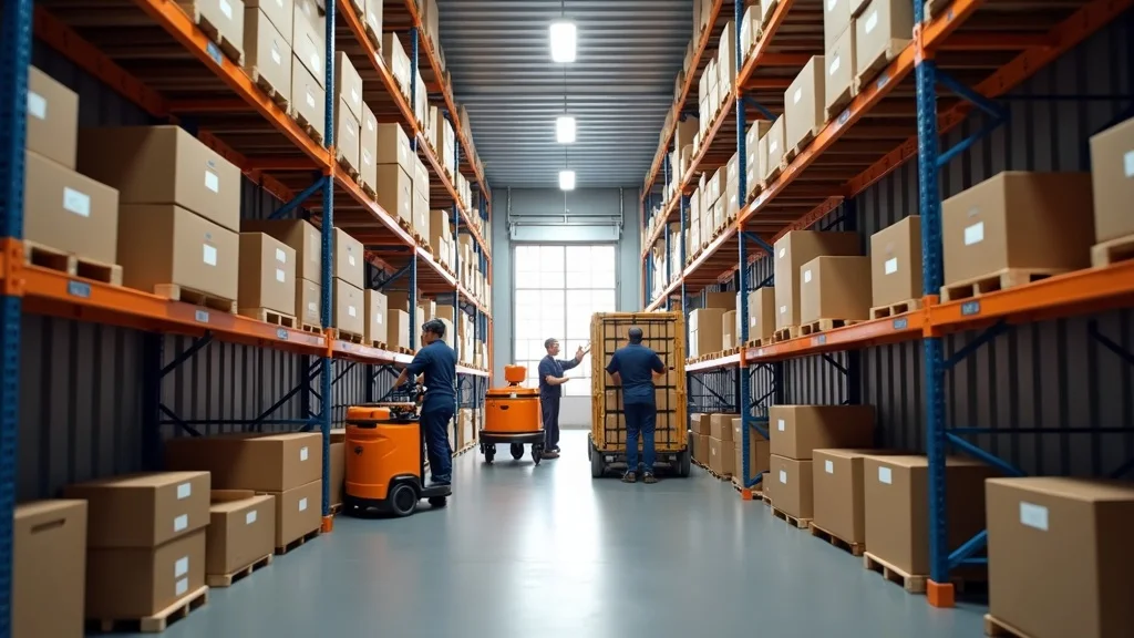 Creative vertical stacking and aisle utilization in shipping container—workers stacking high on modular shelves, creating organized narrow aisles.