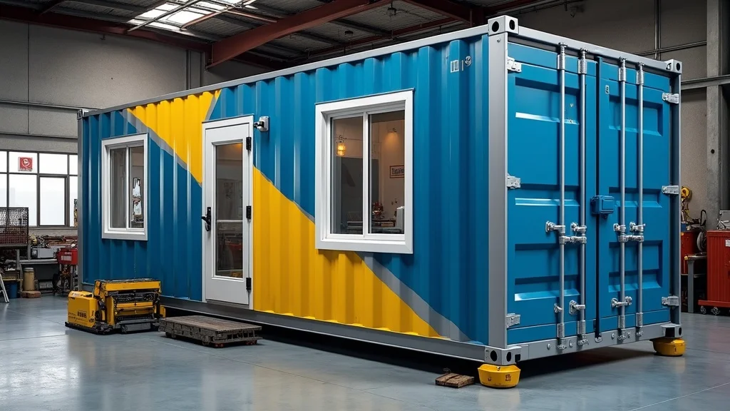 Shipping container modified with doors, windows, HVAC, insulation and custom paint, illustrating container modifications inside a workshop, with staff and tools visible