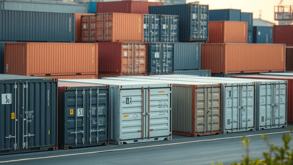 Standard, high cube, and specialty shipping containers with measurement markers in organized yard - container size