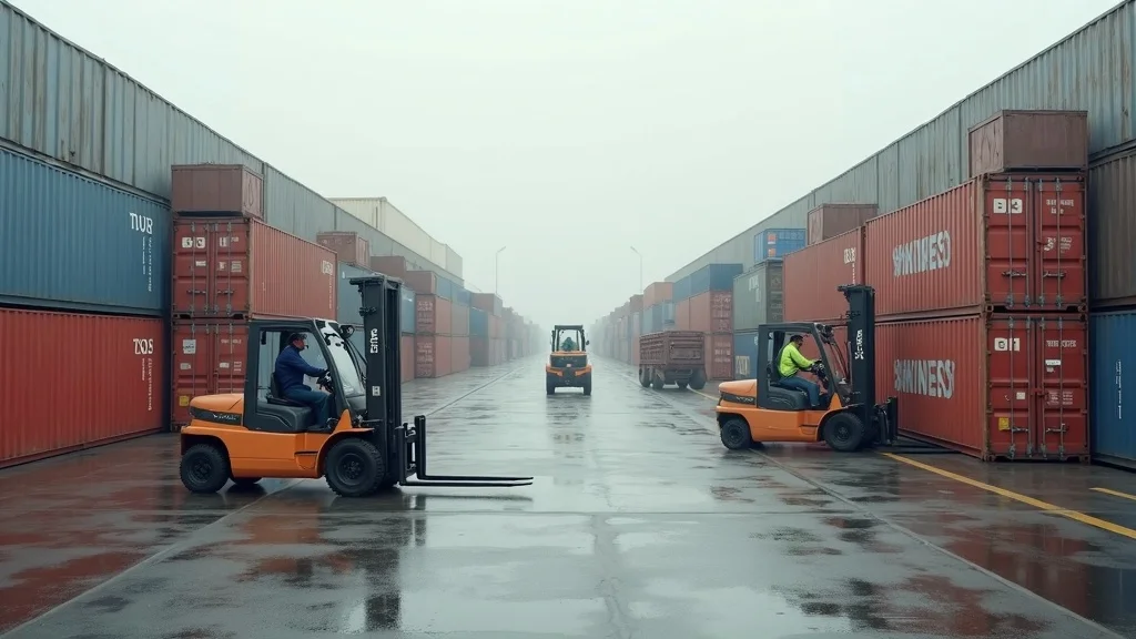 Industrial storage yard with ISO dry freight containers; efficient inventory movement, workers, Main Keyword ISO shipping containers, photorealistic