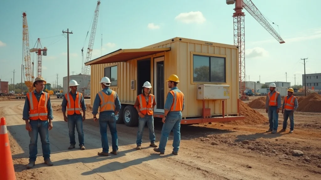 Construction site in Louisiana with modular office trailer and workers