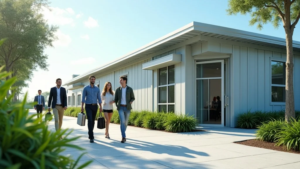 Modern modular office building in Louisiana commercial district with professionals using mobile office solutions