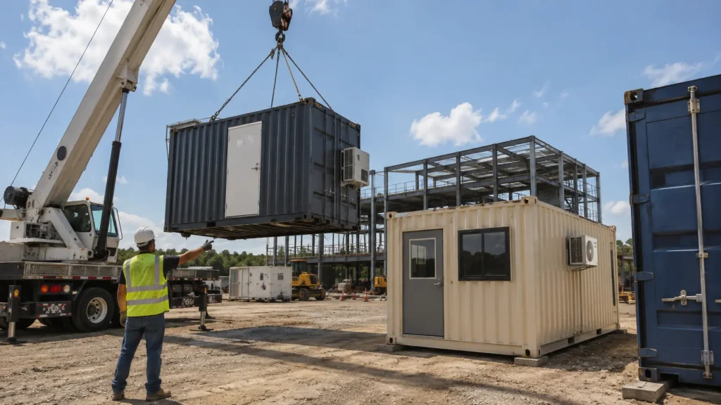 Crane lifting an ISO container office at an active construction site with modular units and steel framing.