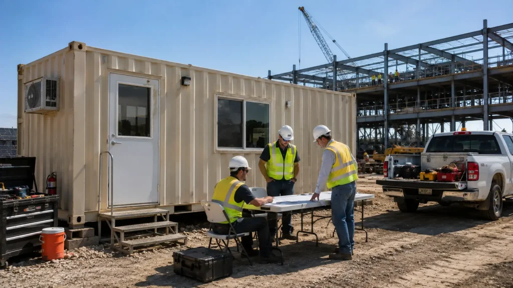 Construction crew reviewing plans beside a portable container office at an active Gulf Coast industrial site.