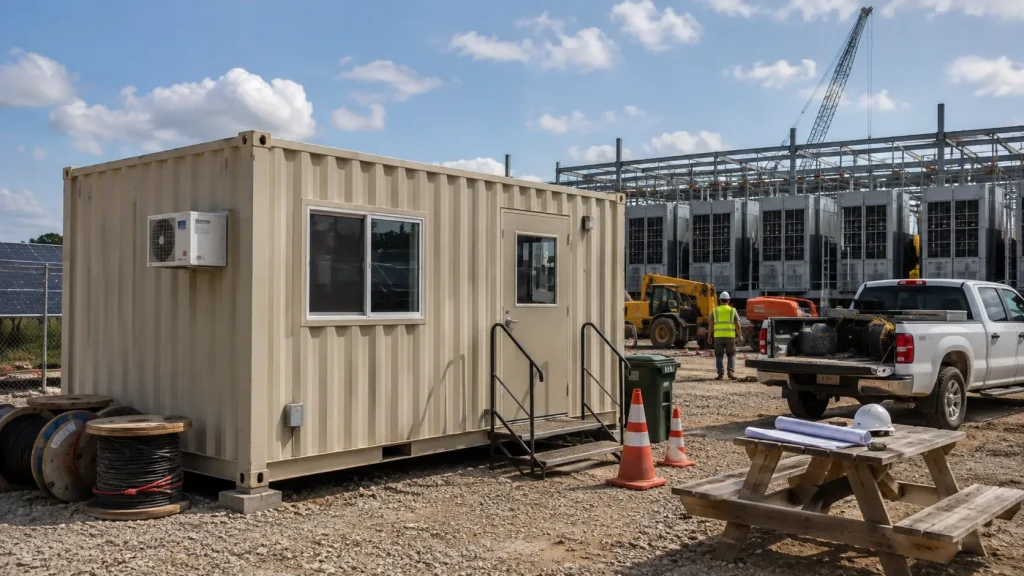 Portable container office with HVAC at an active Gulf Coast construction site with equipment and workers.