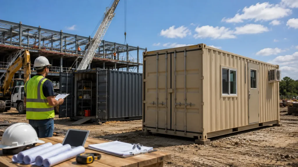 Project manager reviewing portable storage and office containers at an active Gulf Coast construction site.