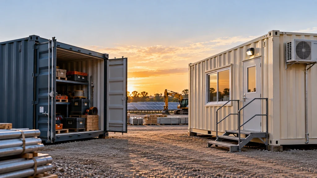 Construction site at sunset with an open standard shipping container filled with tools and equipment beside a customized portable site office, with solar panels, an excavator, and building materials in the background.