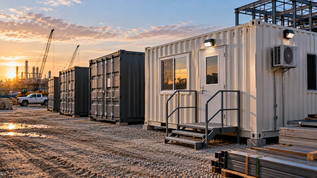 Construction site at sunset with a white portable site office, rows of standard shipping containers, construction cranes, industrial structures, and stacked building materials.