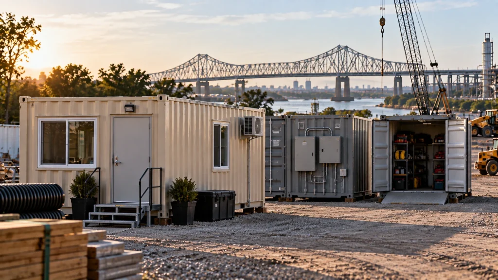 Construction site with a portable container office, equipment storage containers, construction machinery, stacked materials, and a large bridge over a river in the background at sunset.