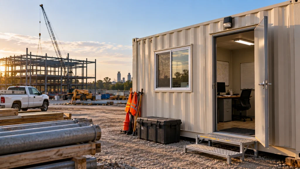 Office container rental in Louisiana with a portable site office, construction equipment, and active building project in the background.